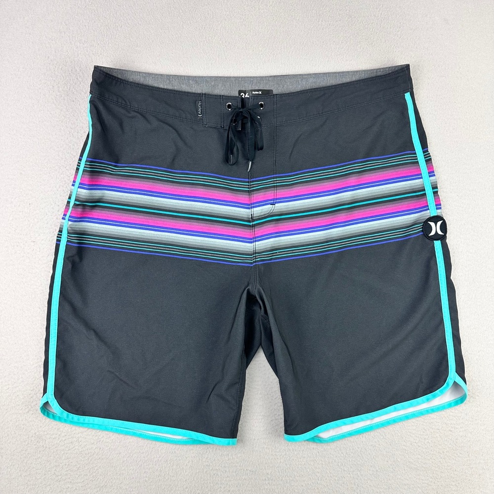 Hurley Phantom Boardshorts Mens 36x8 Black Retro Striped Surf‎ Swim Vacation